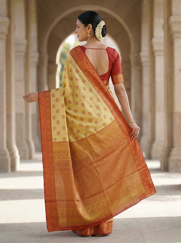 Sunshine Yellow Kanchipuram Inspired Semi Silk Saree with Wide Wide Contrast Border