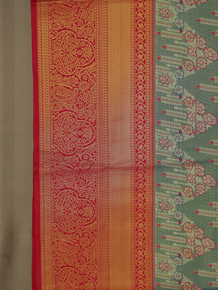 Sage Green Kanchipuram Inspired Semi Silk Saree with Wide Wide Contrast Border
