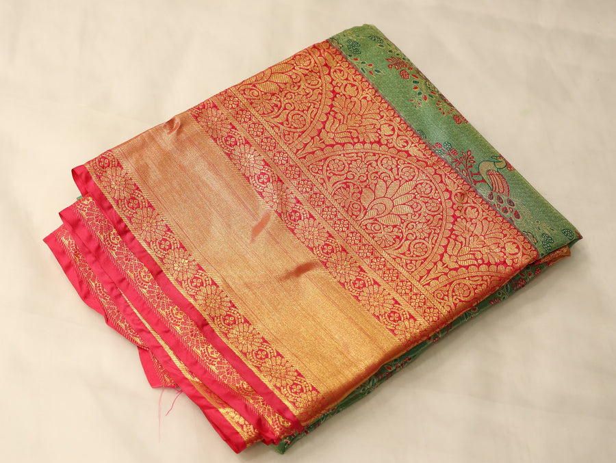 Sage Green Kanchipuram Inspired Semi Silk Saree with Wide Wide Contrast Border