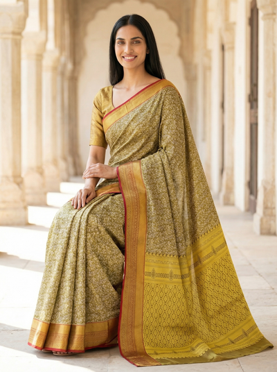 Olive Green Uppada Inspired Semi Silk Saree with Medium Medium Contrast Border