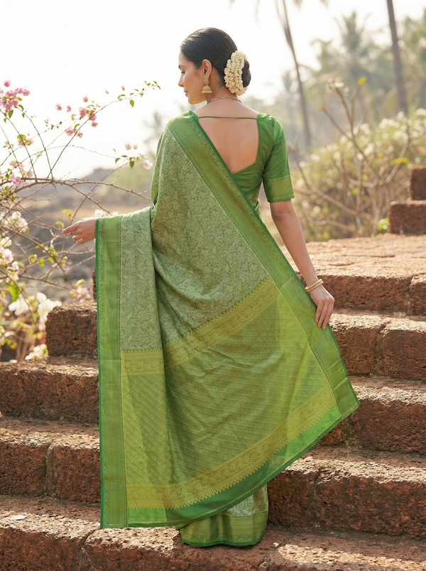 Moss Green Kanchipuram Inspired Semi Silk Saree with Wide Wide Self Border