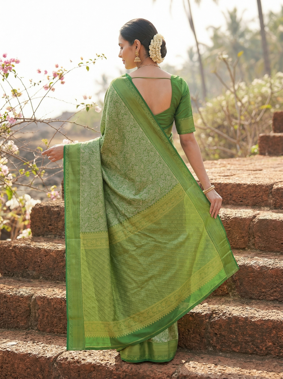Moss Green Kanchipuram Inspired Semi Silk Saree with Wide Wide Self Border
