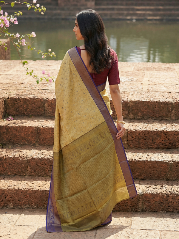 Champagne Gold Dharmavaram Inspired Semi Silk Saree with Wide Wide Contrast Border
