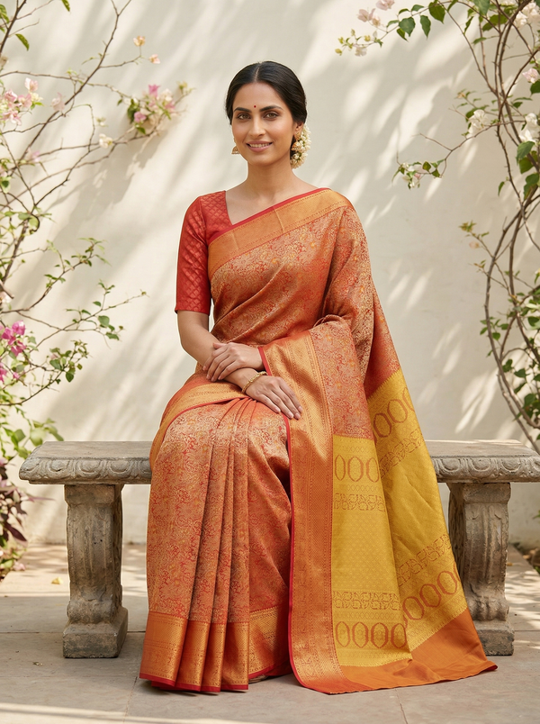 Burnt Orange Kanchipuram Inspired Semi Silk Saree with Wide Wide Contrast Border