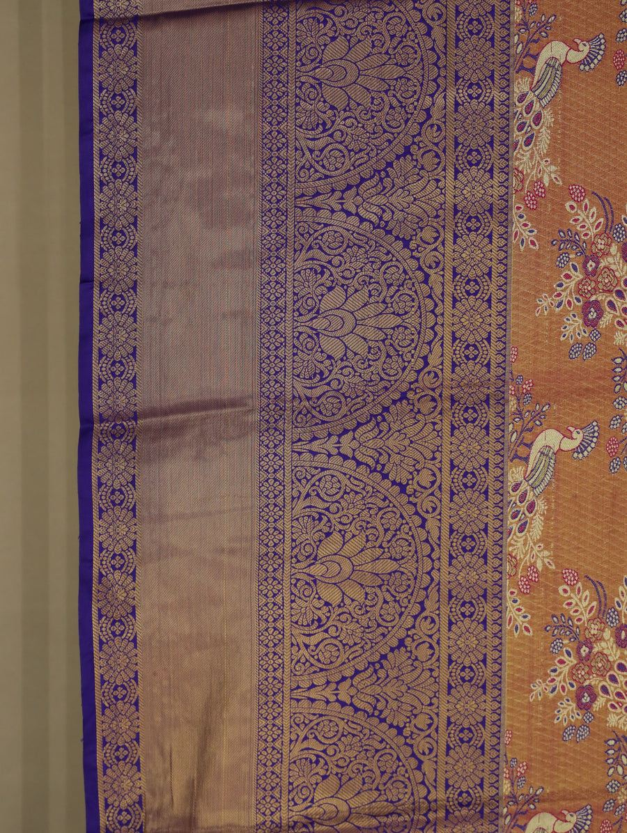 Burnt Orange Kanchipuram Inspired Semi Silk Saree with Wide Wide Contrast Border
