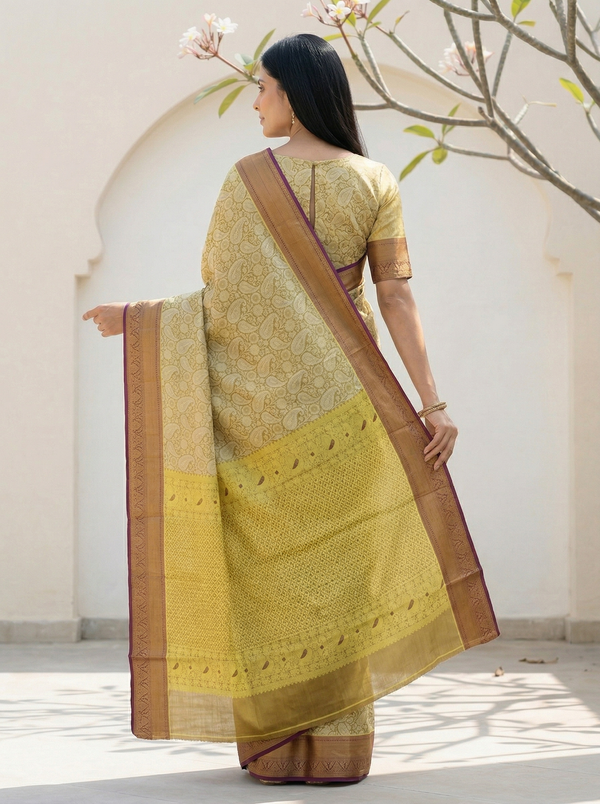 Sunlit Mustard Uppada Inspired Semi Silk Saree with Wide Wide Contrast Border