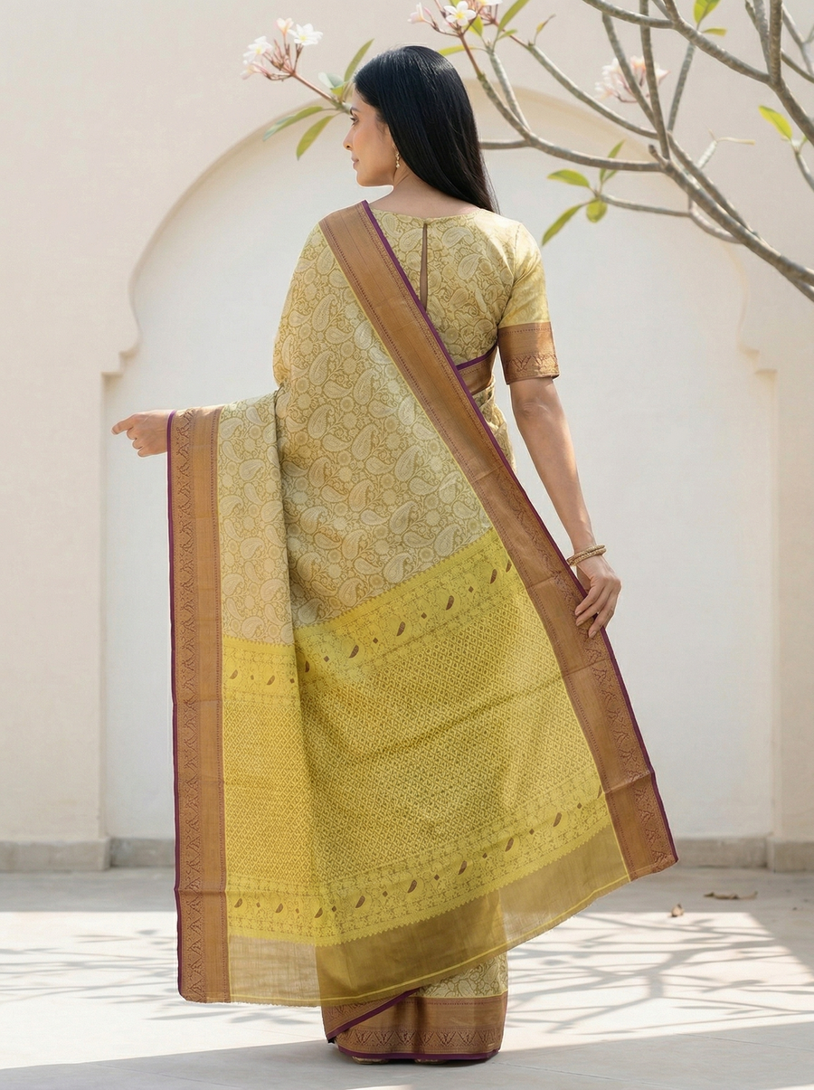 Sunlit Mustard Uppada Inspired Semi Silk Saree with Wide Wide Contrast Border