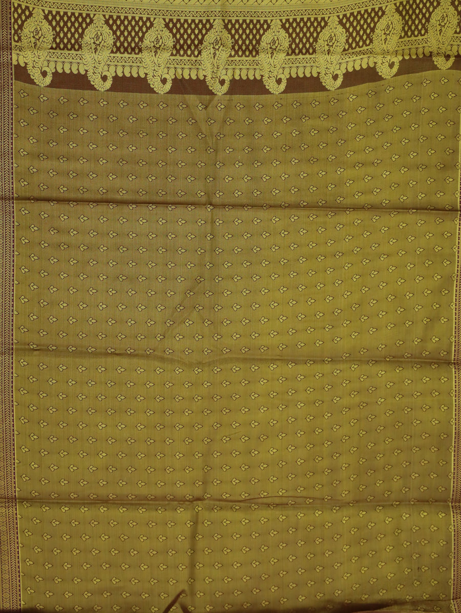 Champagne Gold Kanchipuram Inspired Semi Silk Saree with Narrow Narrow Contrast Border
