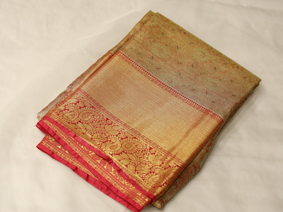 Ivory Gold Dharmavaram Inspired Semi Silk Saree with Wide Wide Contrast Border