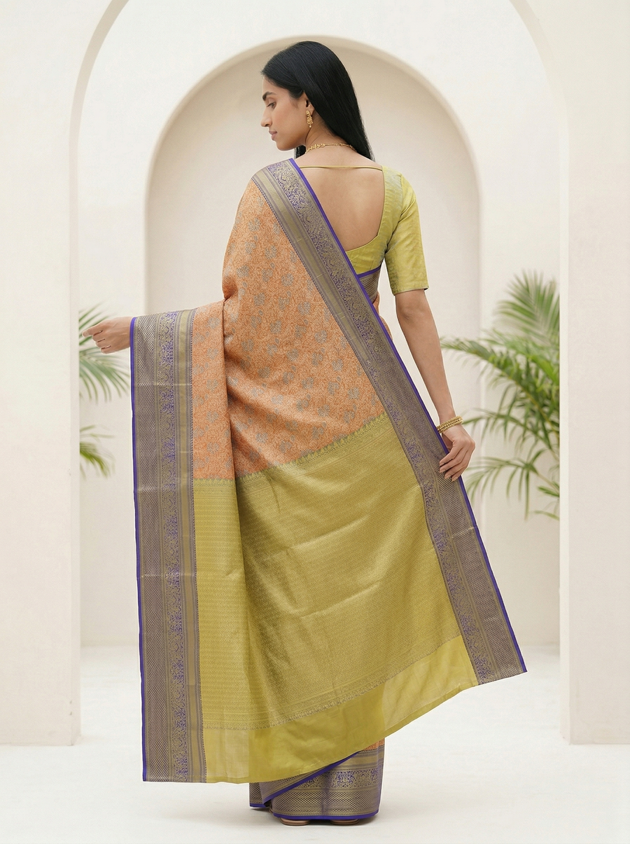 Sunset Orange Kanchipuram Inspired Semi Silk Saree with Wide Wide Contrast Border