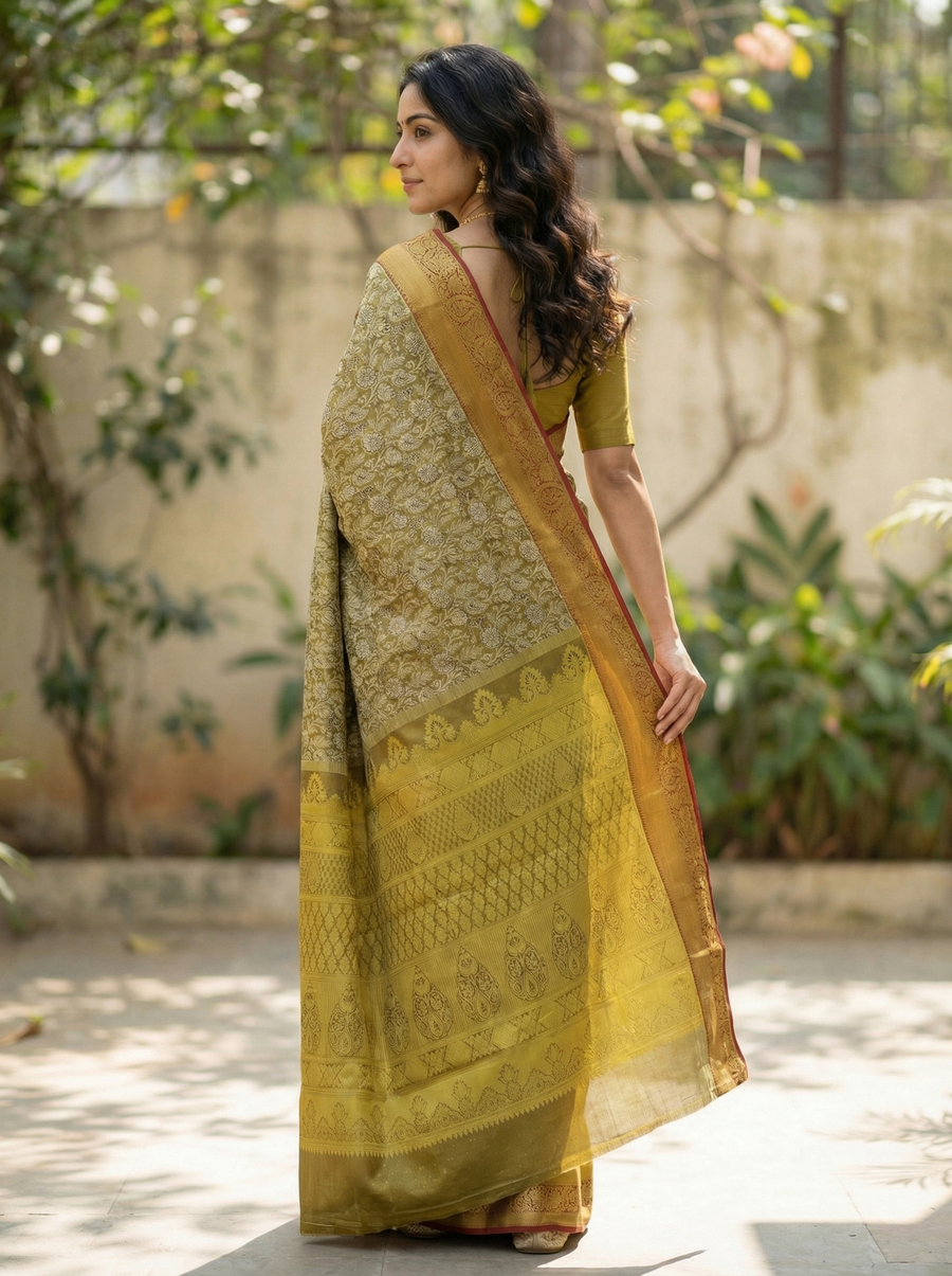 Olive Green Kanchipuram Inspired Semi Silk Saree with Medium Medium Contrast Border