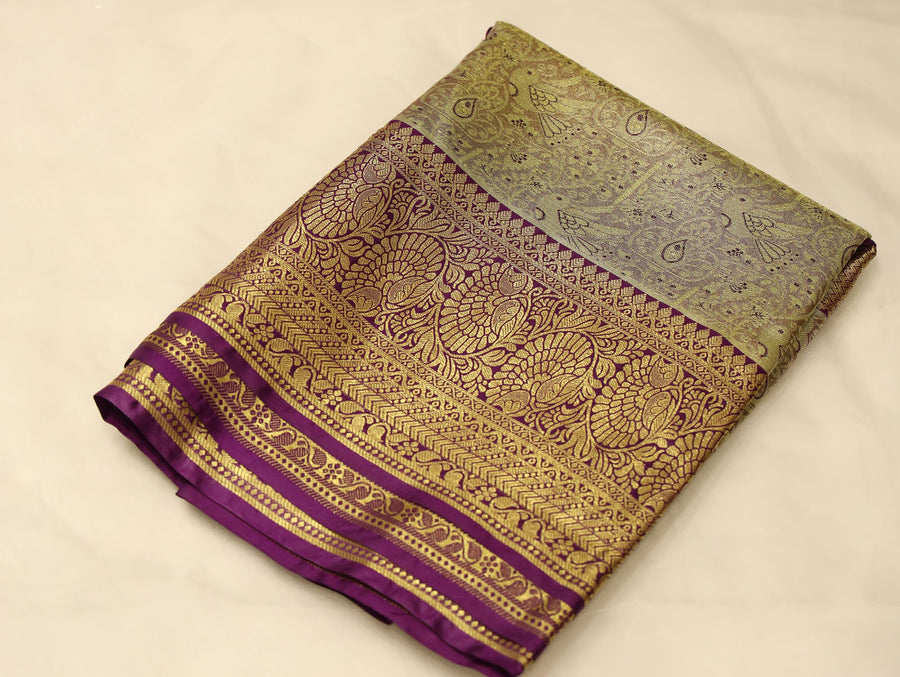 Olive Green Kanchipuram Inspired Semi Silk Saree with Medium Medium Contrast Border