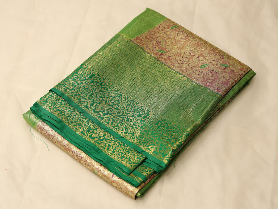 Champagne Beige Kanchipuram Inspired Semi Silk Saree with Medium Medium Contrast Border