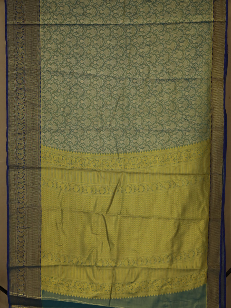Olive Green Kanchipuram Inspired Semi Silk Saree with Medium Medium Contrast Border