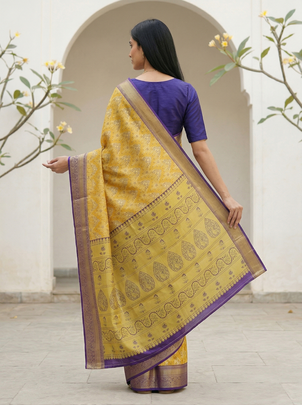 Golden Mustard Kanchipuram Inspired Semi Silk Saree with Wide Wide Contrast Border