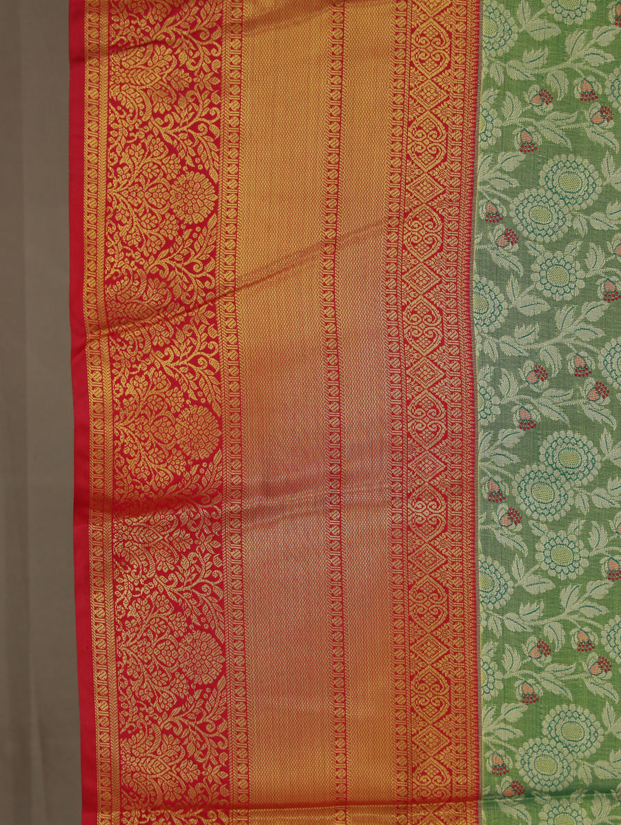 Sage Green Kanchipuram Inspired Semi Silk Saree with Medium Medium Contrast Border