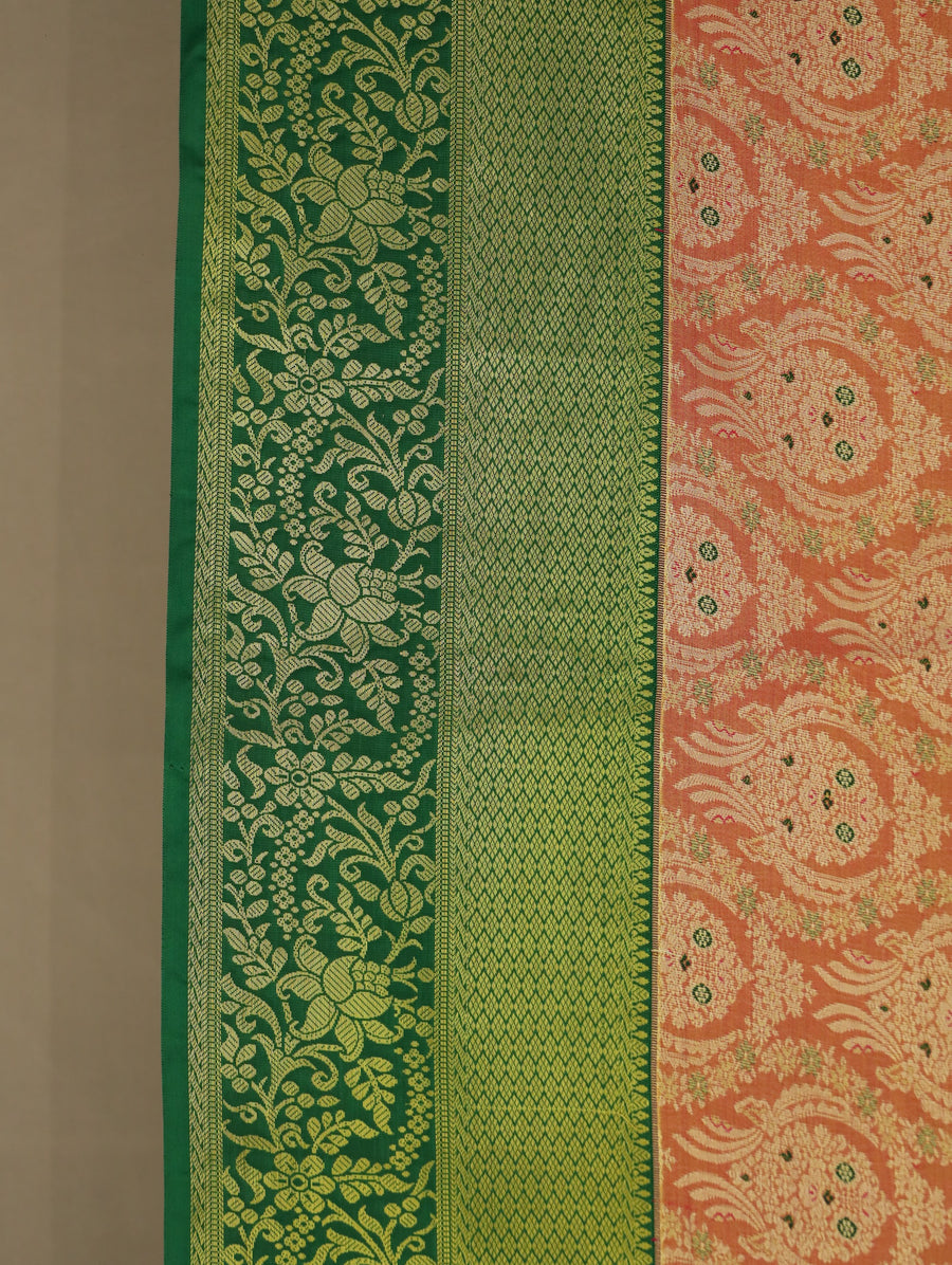 Peach Gold Kanchipuram Inspired Semi Silk Saree with Wide Wide Contrast Border