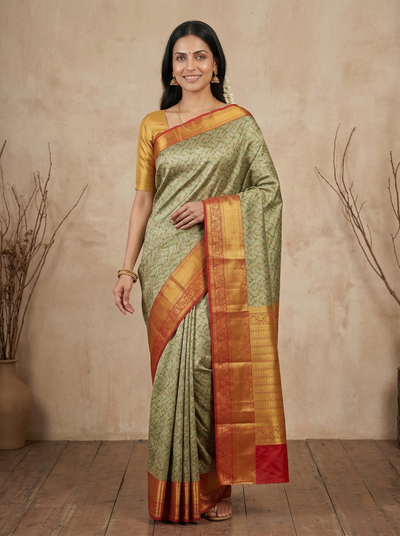 Sage Green Gadwal Inspired Semi Silk Saree with Medium Medium Contrast Border