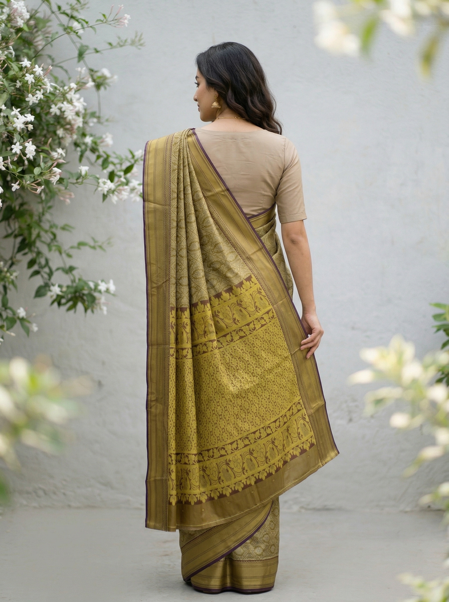 Mustard Gold Kanchipuram Inspired Semi Silk Saree with Medium Medium Contrast Border