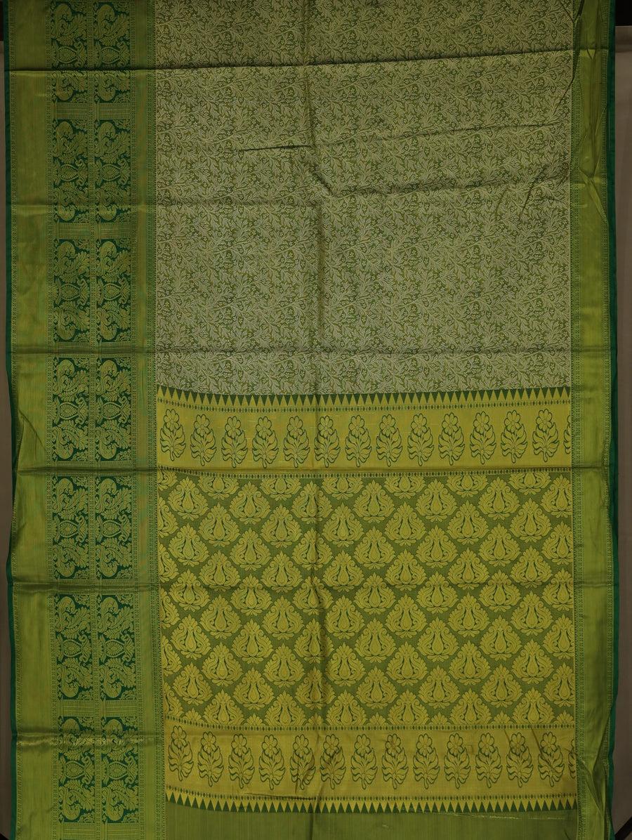 Moss Green Mysore Inspired Semi Silk Saree with Medium Medium Contrast Border