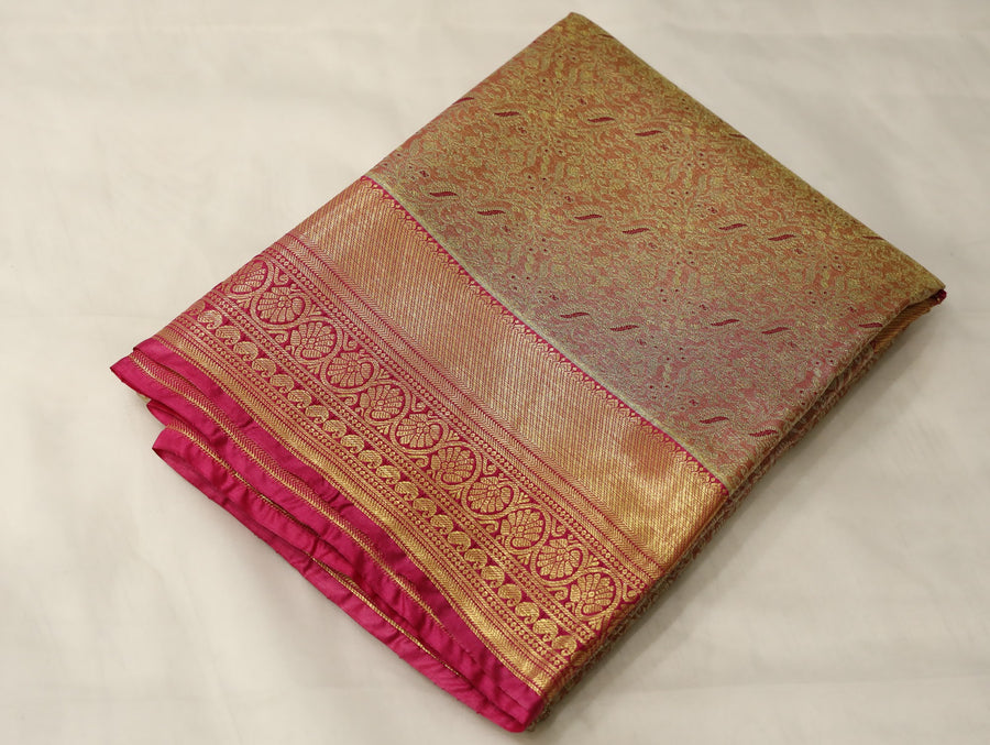 Earthy Brown Kanchipuram Inspired Semi Silk Saree with Medium Medium Contrast Border