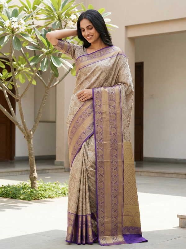 Champagne Gold Kanchipuram Inspired Semi Silk Saree with Wide Wide Contrast Border