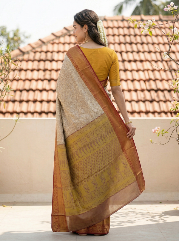 Champagne Gold Dharmavaram Inspired Semi Silk Saree with Wide Wide Contrast Border