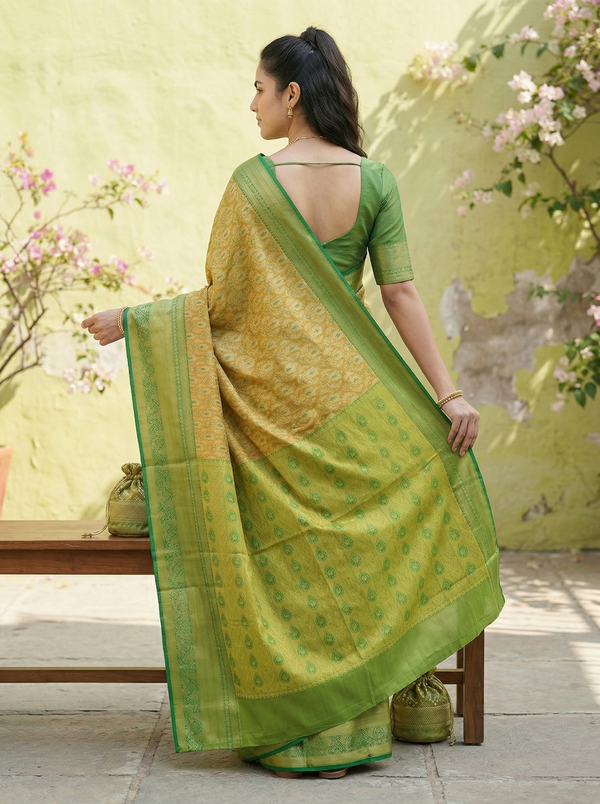 Mustard Yellow Mysore Inspired Semi Silk Saree with Wide Wide Contrast Border