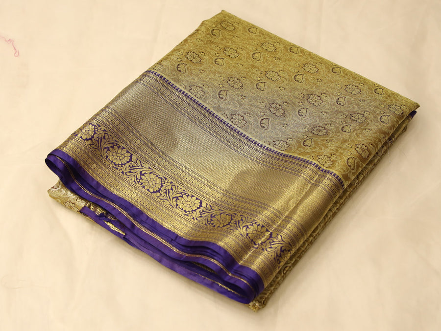 Champagne Gold Kanchipuram Inspired Semi Silk Saree with Wide Wide Contrast Border