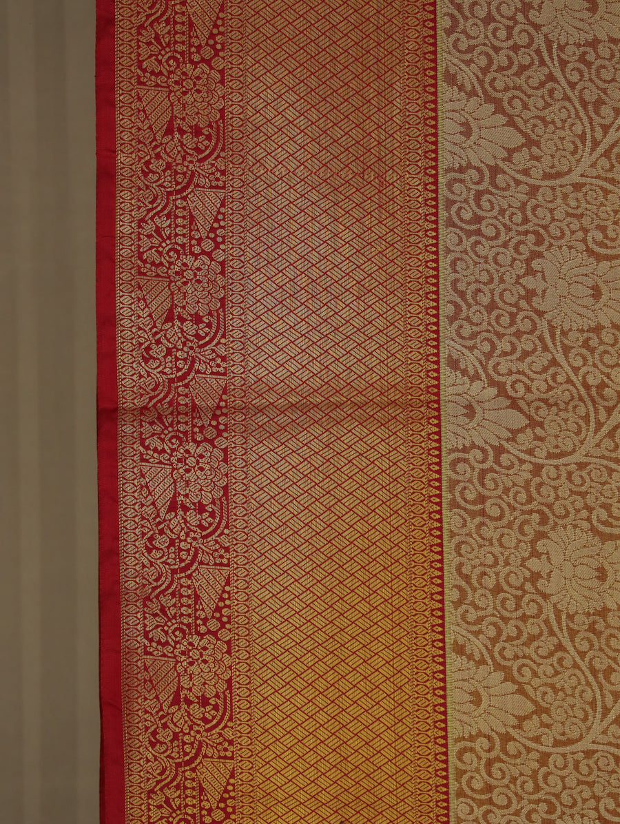 Champagne Gold Kanchipuram Inspired Semi Silk Saree with Wide Wide Contrast Border