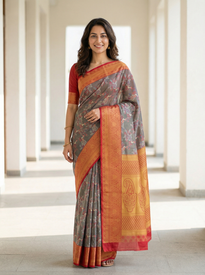Saffron Gold Kanchipuram Inspired Semi Silk Saree with Wide Wide Contrast Border