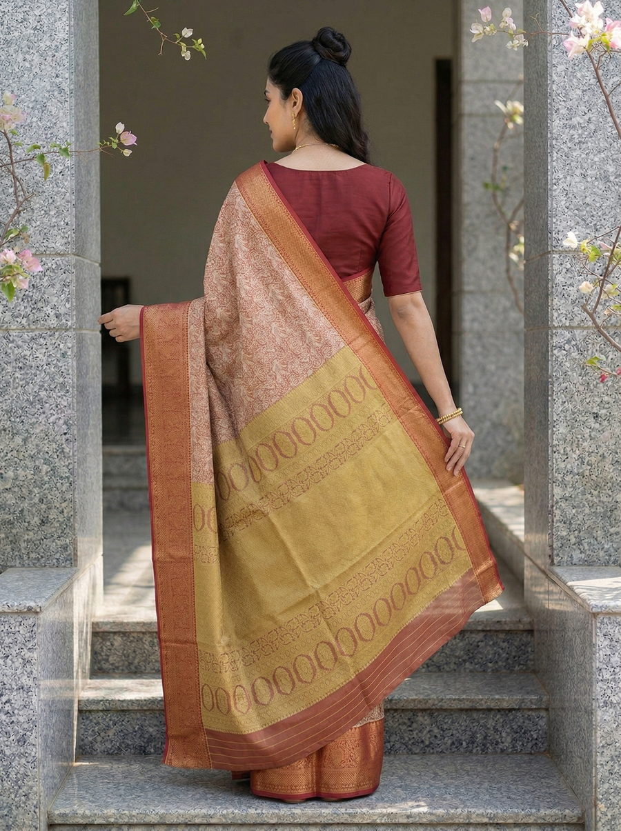 Champagne Gold Kanchipuram Inspired Semi Silk Saree with Narrow Narrow Contrast Border