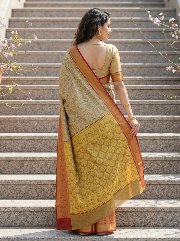 Champagne Gold Gadwal Inspired Semi Silk Saree with Wide Wide Contrast Border