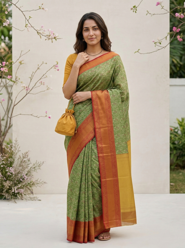 Sage Green Gadwal Inspired Semi Silk Saree with Wide Wide Contrast Border