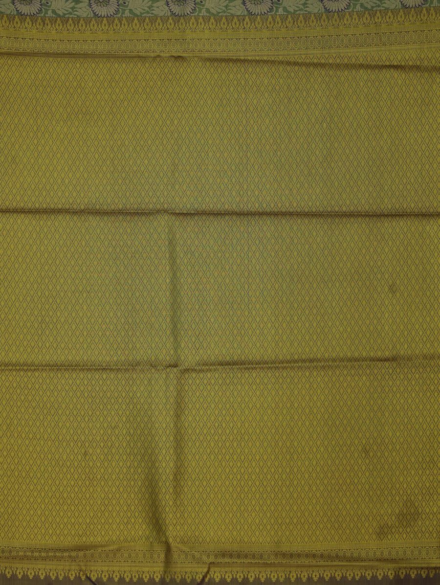 Sunlit Olive Kanchipuram Inspired Semi Silk Saree with Wide Wide Contrast Border