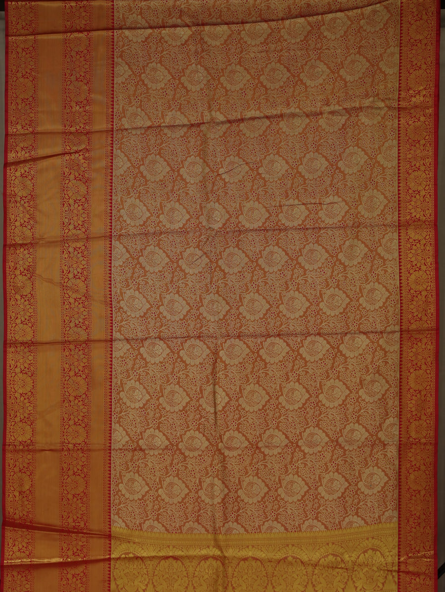 Champagne Gold Kanchipuram Inspired Semi Silk Saree with Wide Wide Contrast Border