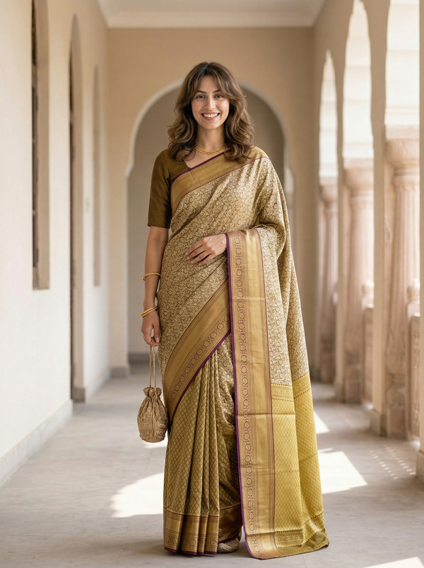 Antique Gold Kanchipuram Inspired Semi Silk Saree with Medium Medium Contrast Border