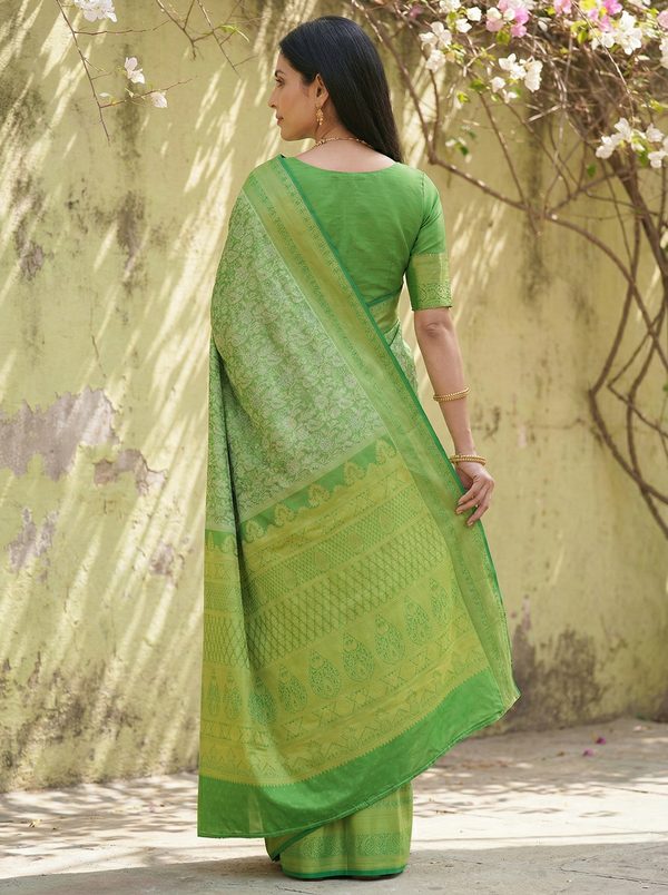 Lime Green Mysore Inspired Semi Silk Saree with Medium Medium Self Border