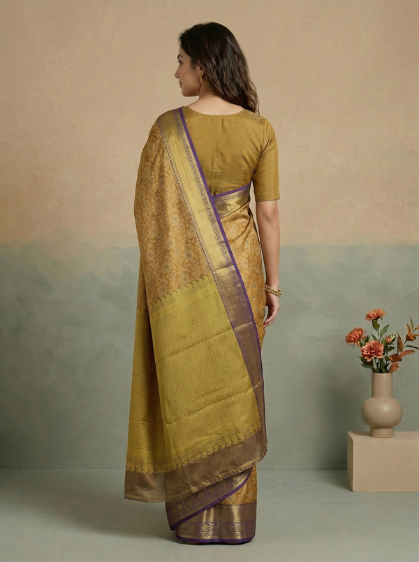 Champagne Gold Kanchipuram Inspired Semi Silk Saree with Wide Wide Contrast Border