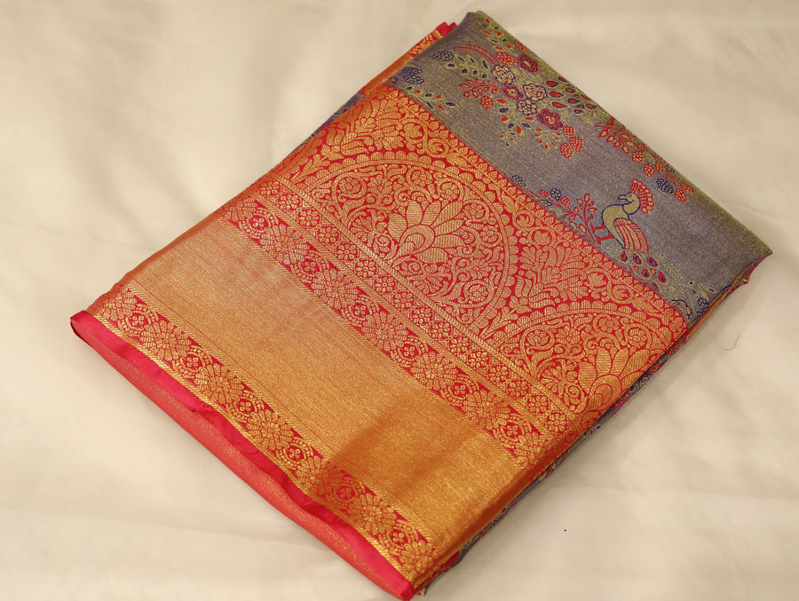 Saffron Gold Kanchipuram Inspired Semi Silk Saree with Wide Wide Contrast Border