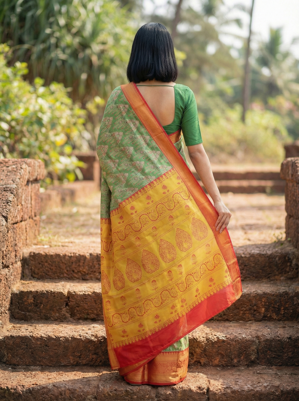 Sage Green Kanchipuram Inspired Semi Silk Saree with Wide Wide Contrast Border