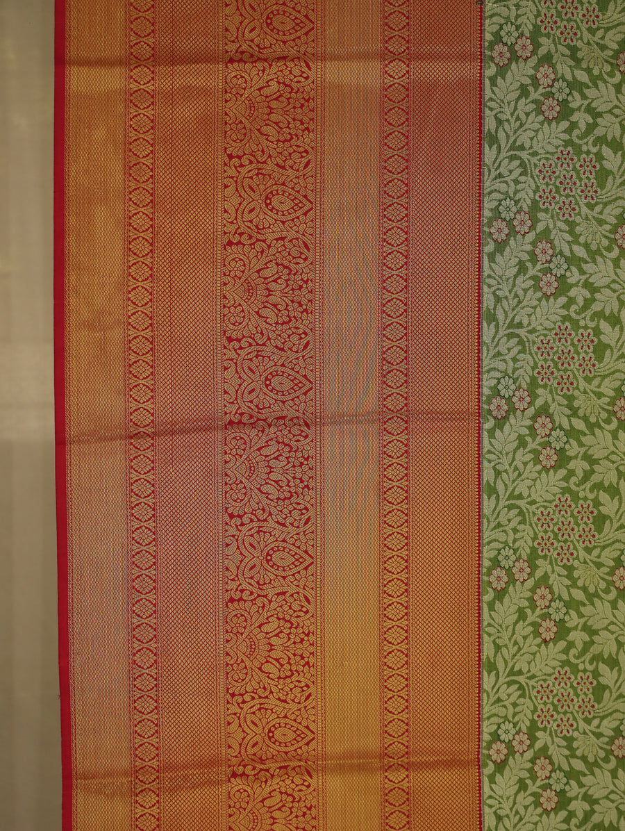 Sage Green Kanchipuram Inspired Semi Silk Saree with Wide Wide Contrast Border