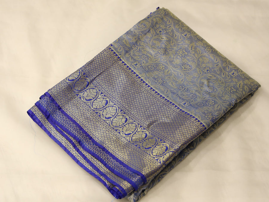 Steel Blue Kanchipuram Inspired Semi Silk Saree with Medium Medium Contrast Border