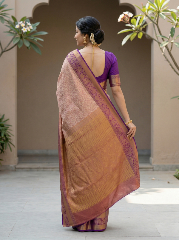 Blush Pink Dharmavaram Inspired Semi Silk Saree with Wide Wide Contrast Border