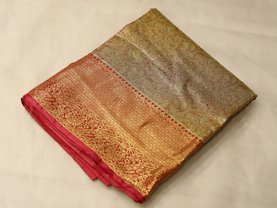 Champagne Gold Kanchipuram Inspired Semi Silk Saree with Wide Wide Contrast Border
