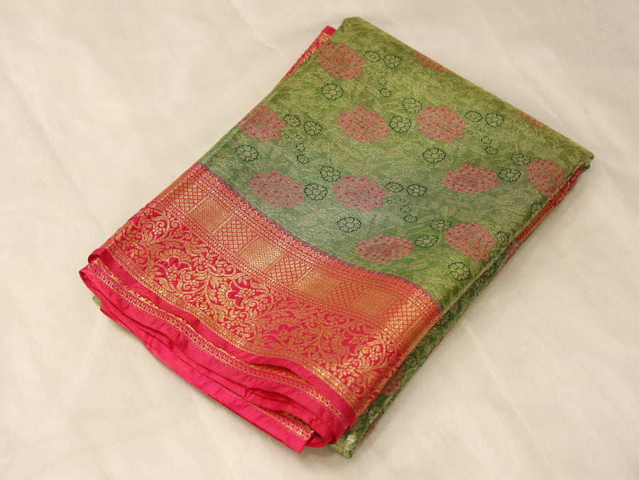 Sage Green Kanchipuram Inspired Semi Silk Saree with Medium Medium Contrast Border