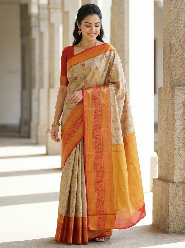 Champagne Gold Dharmavaram Inspired Semi Silk Saree with Wide Wide Contrast Border