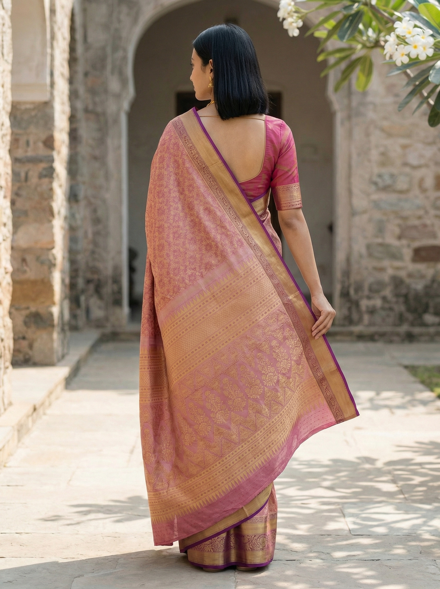 Dusty Rose Kanchipuram Inspired Semi Silk Saree with Medium Medium Contrast Border