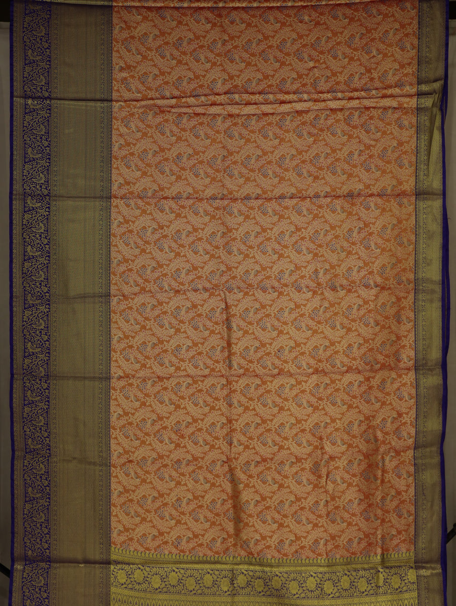 Sunset Orange Kanchipuram Inspired Semi Silk Saree with Wide Wide Contrast Border