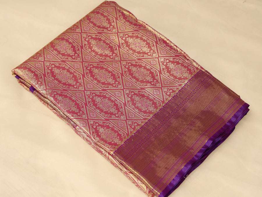 Champagne Gold Dharmavaram Inspired Semi Silk Saree with Wide Wide Contrast Border